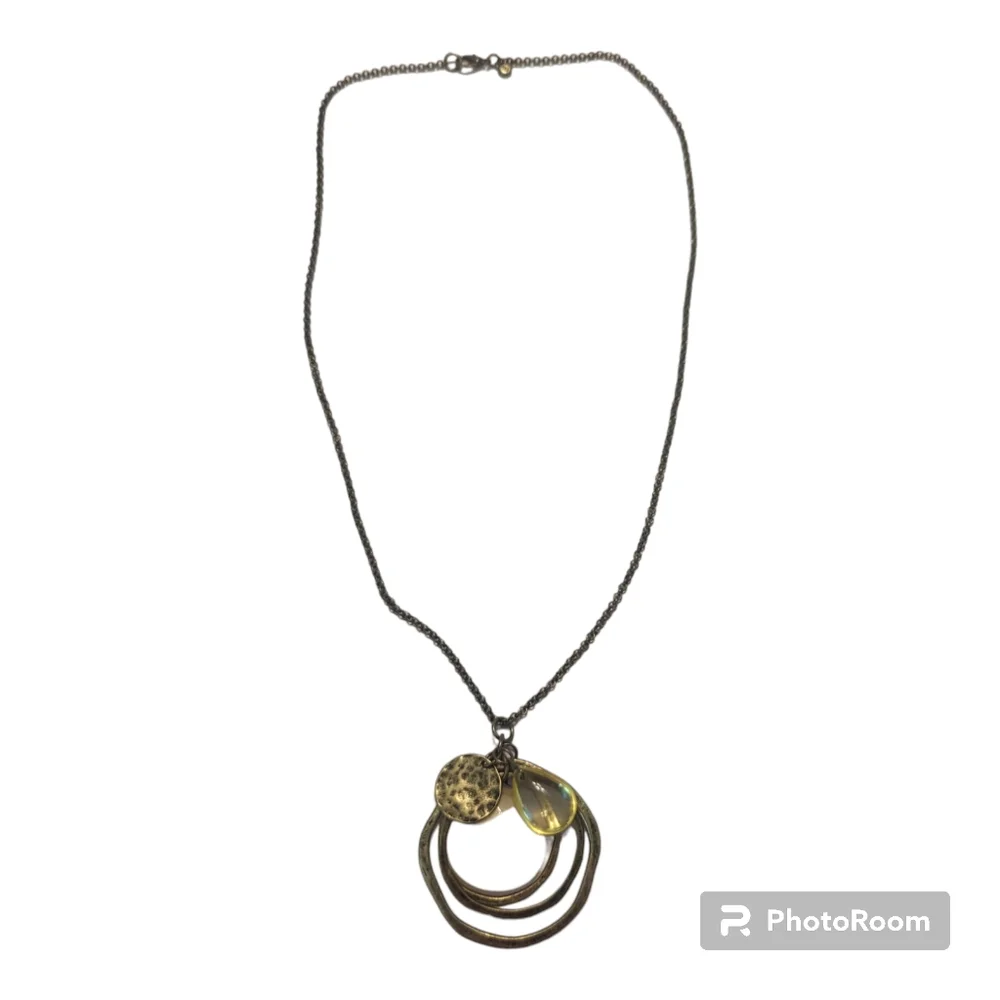 Vintage Antiqued Brass Circles And Cream Yellow Stones Long Necklace